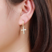 Gold Cross Hoop Earrings, Silver Cross Charm Huggie Hoops, Cz Cross Hoops Dangle, Hoop with Cross, Mens Sterling Silver Iced Cz Cross Hoops