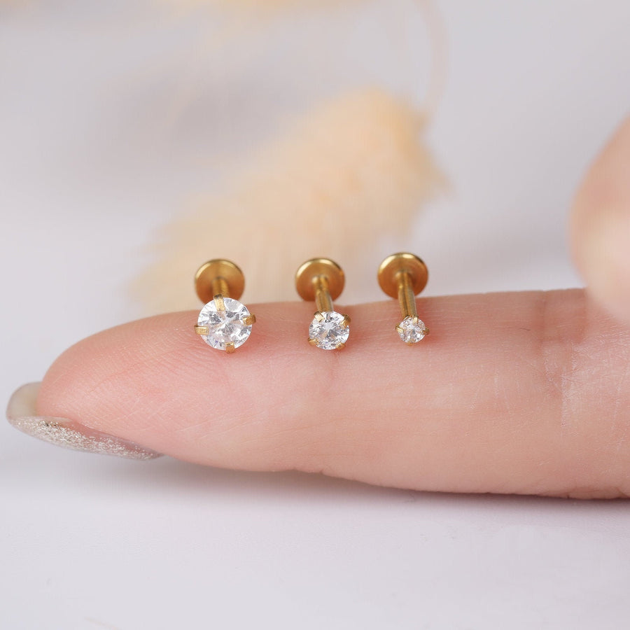 16G Tiny Stud Tragus Earring, 16ga 316L Surgical Steel Gold 2mm 3mm 4mm White CZ Screw on Flat Back 6mm 8mm Labret Stud Nap earring