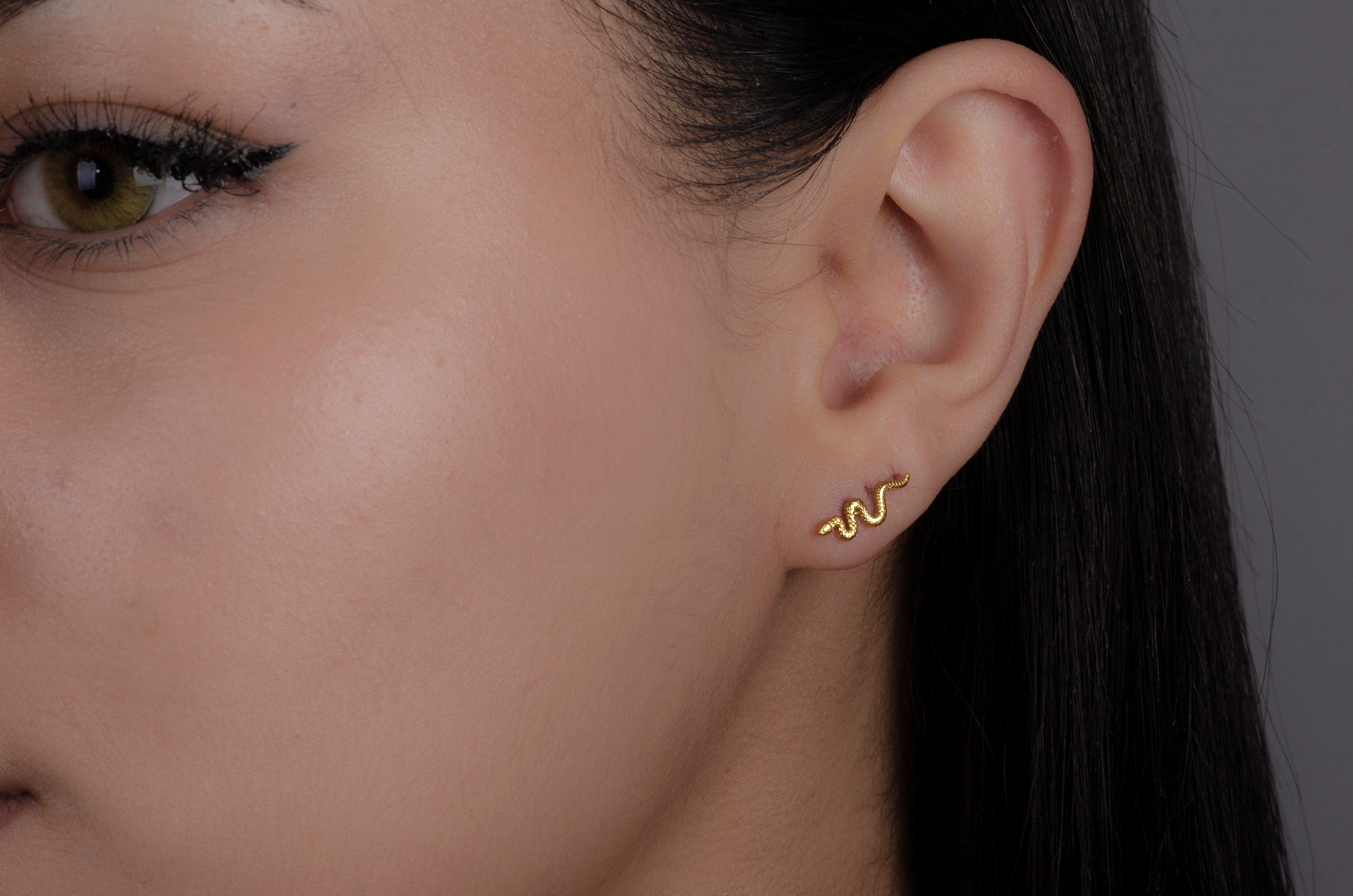 Tiny Flat Back Tragus Snake Earrings • Serpent Cartilage Gold Stud Earrings • snake Conch Earring •cartilage helix stud  Minimalist Earrings