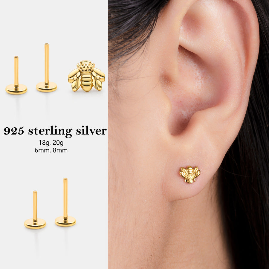 20/18/16G Flat Back push in Bee Labret stud earring | Threadless Bee Nap earring | Cartilage Tragus Stud | Gold Bee Helix, conch piercing