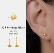 925 Sterling Silver push in Flat Back Heart stud earrings | 18G -20G  treadles Tragus stud earring minimalist cartilage stud gift for her