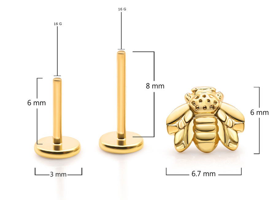 16G Internally Threaded Bee Labret Stud • Bee Cartilage Earring • Gold Bee Earring• Conch Stud • Tragus Stud• Flat Back Bee Cartilage Stud