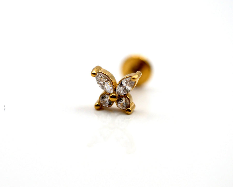 Surgical steel  flat back Butterfly Stud Earring Internally Threaded Gold Silver CZ Flat Back Labret Stud• tragus stud Cartilage Nap Earring