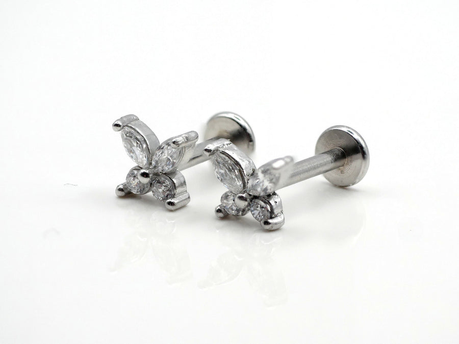 Surgical steel  flat back Butterfly Stud Earring Internally Threaded Gold Silver CZ Flat Back Labret Stud• tragus stud Cartilage Nap Earring