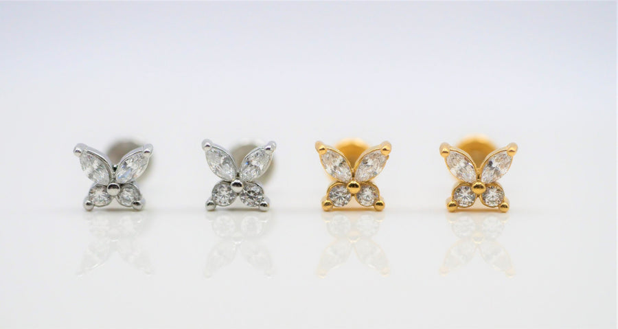 Surgical steel  flat back Butterfly Stud Earring Internally Threaded Gold Silver CZ Flat Back Labret Stud• tragus stud Cartilage Nap Earring