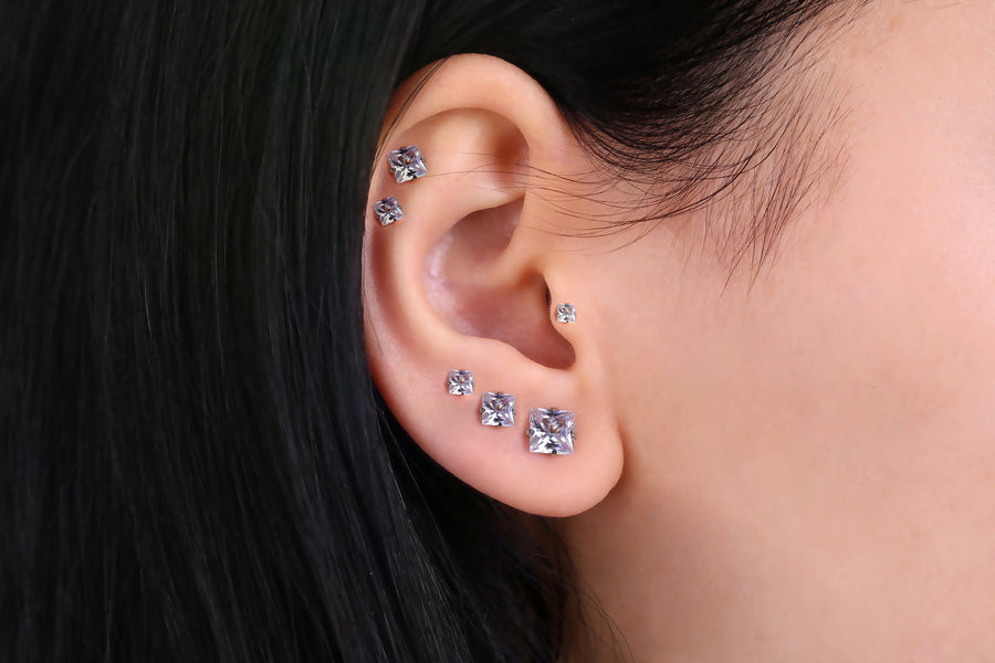 CZ Square Studs-Clear CZ Stud Earrings Pair -Black Stone Square Gem Stone Earrings for men Cubic Zirconia Studs Guys Stud Earring