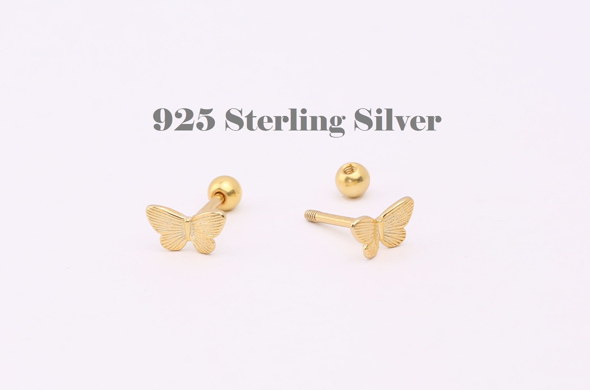 925 Sterling Silver Butterfly Stud Earring, Screw Back Gold Labret Stud• tragus earring, Cartilage, Piercing, Gold Nap Earring, sleep studs