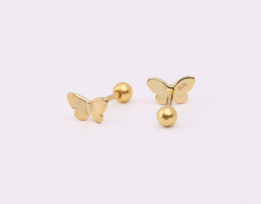 925 Sterling Silver Butterfly Stud Earring, Screw Back Gold Labret Stud• tragus earring, Cartilage, Piercing, Gold Nap Earring, sleep studs
