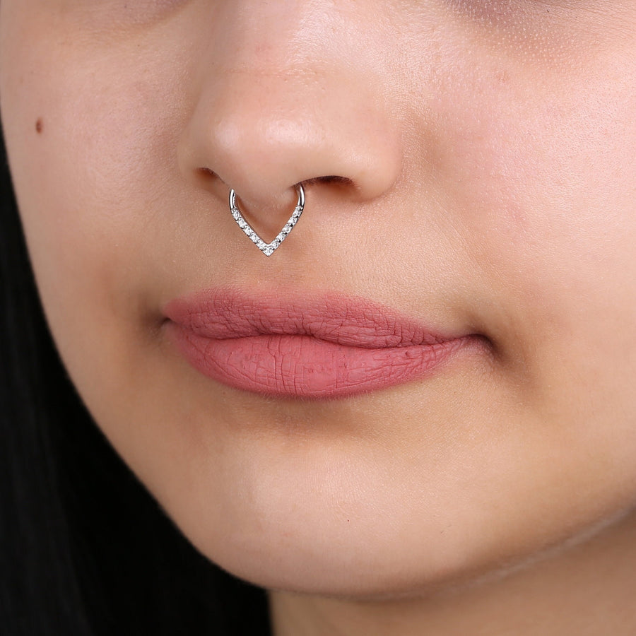 925 Sterling Silver V shaped Septum Ring CZ Septum Clicker CZ Daith Earring Hinged Septum Hoop Septum Ring Gold Teardrop Septum Piercing