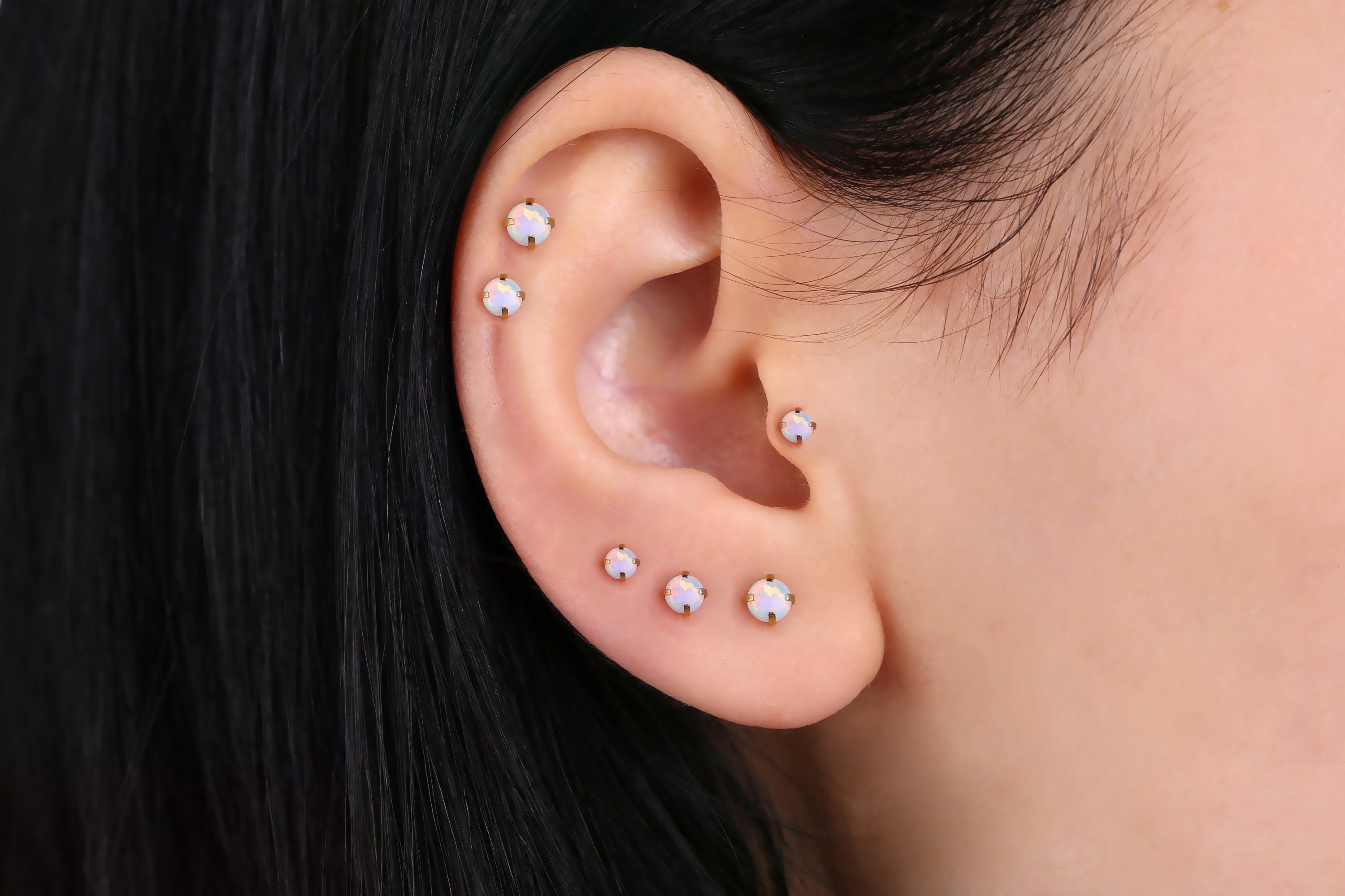 16G Tiny Opal Flat back Stud Tragus Earring, 316L Surgical Steel Gold 2mm 3mm 4mm Screw on Dainty Opal Labret Stud