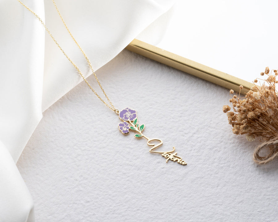 Sterling Silver Colored Birth Flower Name Necklace, Personalized Necklace, Handmade Floral Name Necklace Gift for mom  Birth Flower Jewelry