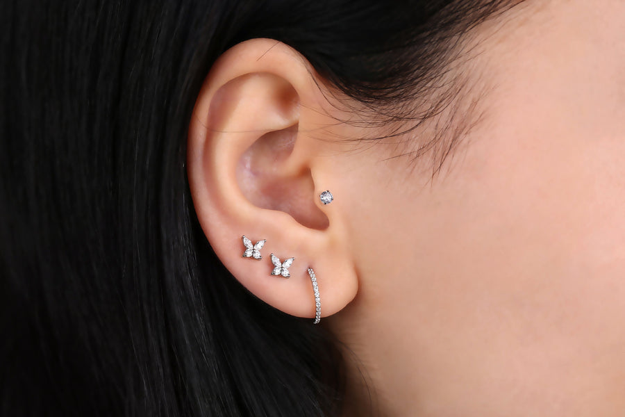 Surgical steel  flat back Butterfly Stud Earring Internally Threaded Gold Silver CZ Flat Back Labret Stud• tragus stud Cartilage Nap Earring