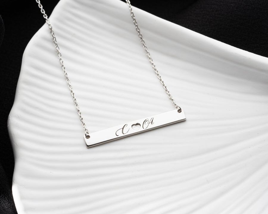 Sterling Silver Personalized Horizontal Bar necklace, Engraved Custom Name Bar Necklace, Initial Necklace for couples, Monogram Necklace