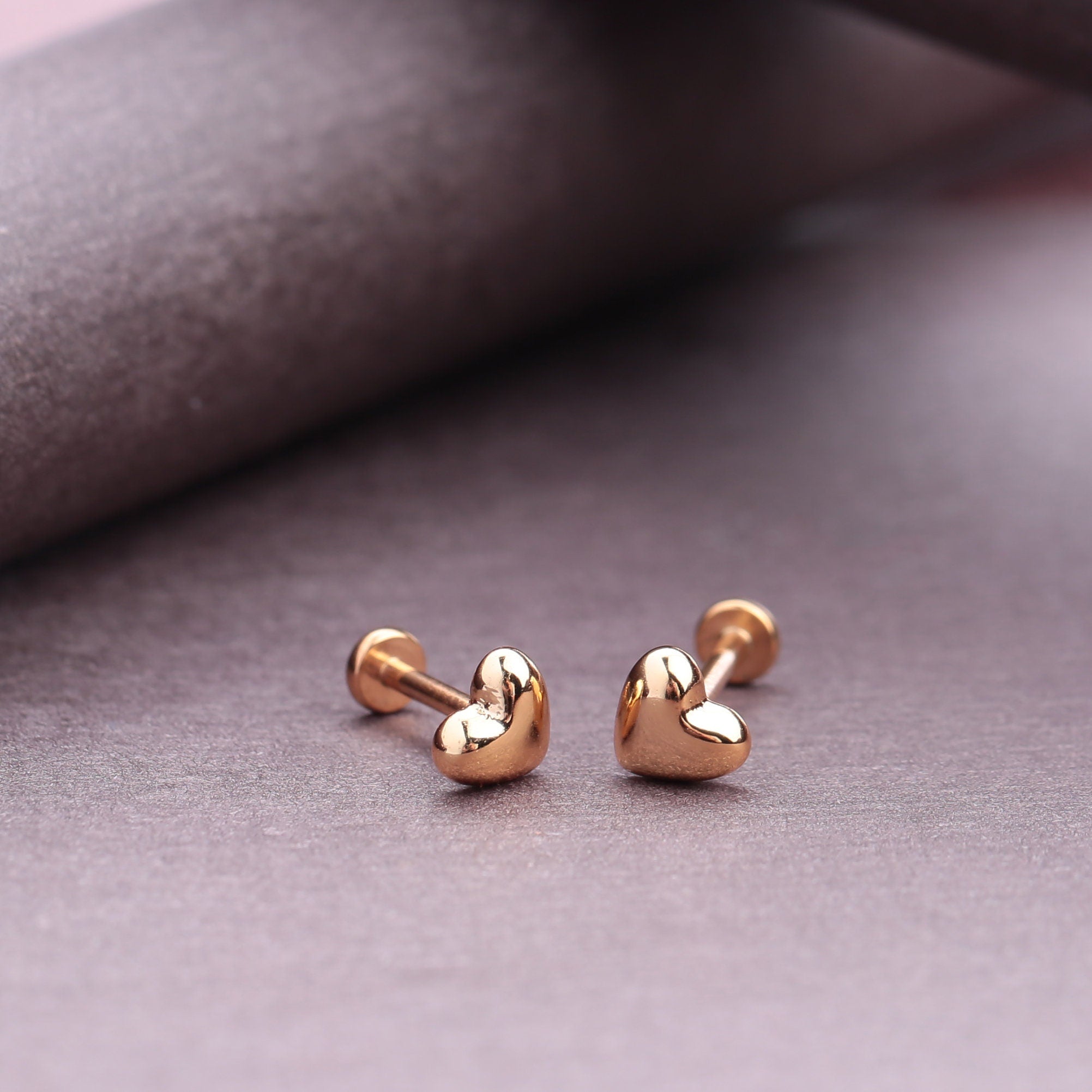 925 Sterling Silver push in Flat Back Heart stud earrings | 18G -20G  treadles Tragus stud earring minimalist cartilage stud gift for her