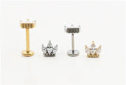 20G/18G/16G Crown Push Pin Titanium Labret Stud •Threadless Flat Back Earring •Tragus Stud • Helix Stud •CZ Crown Earrings Cartilage Stud