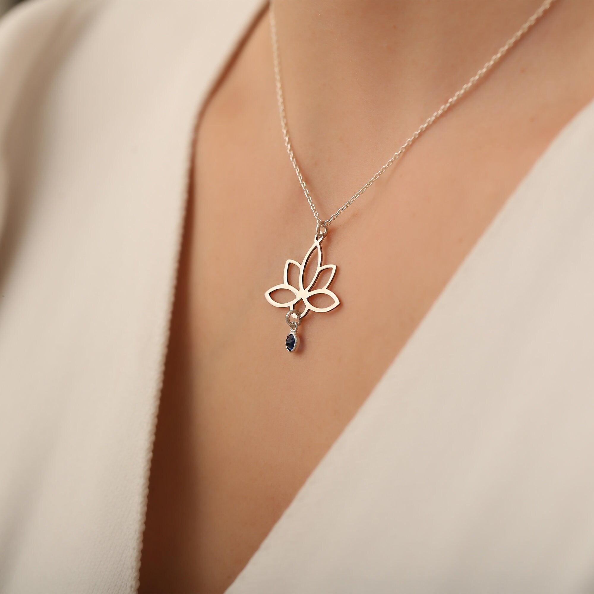 Sterling Silver Personalized Lotus Necklace, Lotus Flower Necklace with Birthstone, Lotus Flower Pendant, Necklaces For Women gift for her