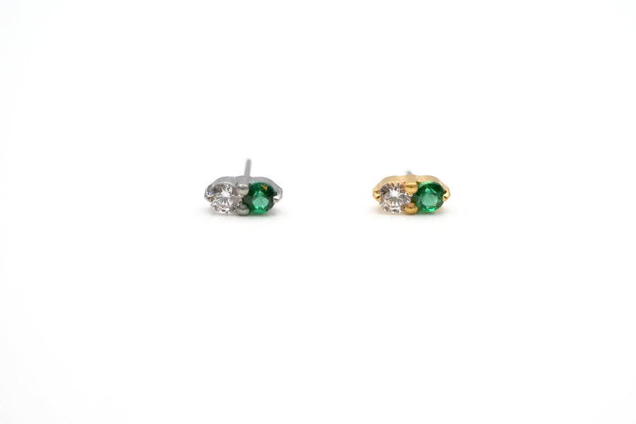 20G/18G/16G Emerald Push in flat back Labret Stud Tiny Emerald Stud Two Stone Earring • Stud Nap earring for Helix Cartilage | Tragus Stud