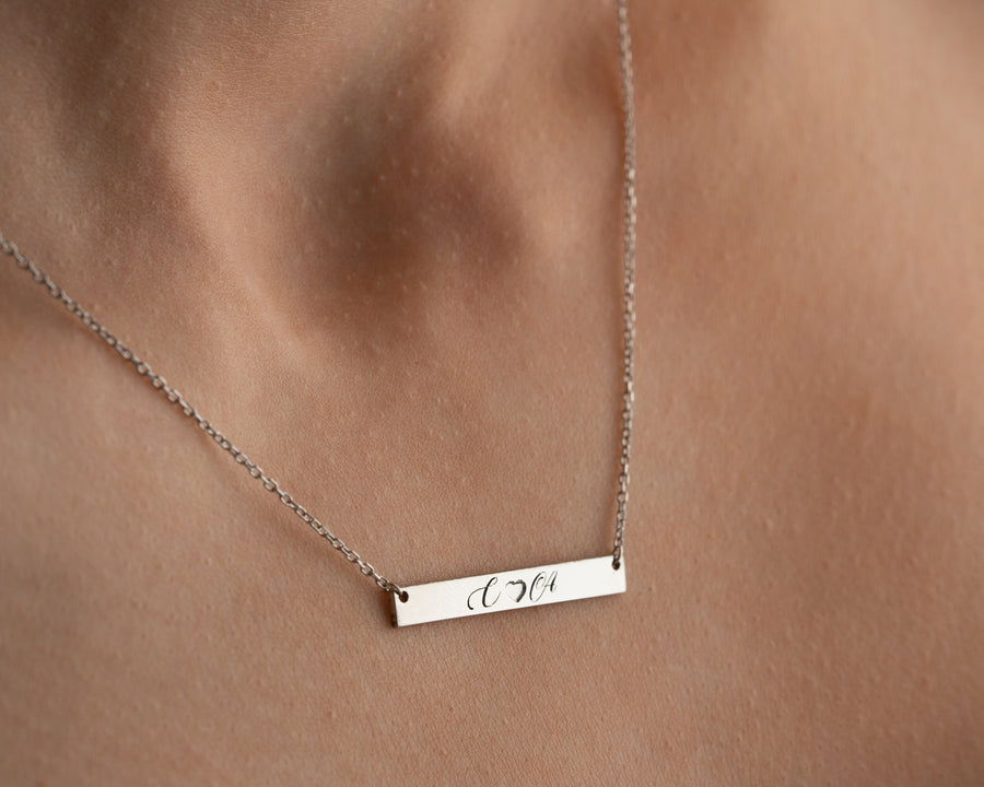 Sterling Silver Personalized Horizontal Bar necklace, Engraved Custom Name Bar Necklace, Initial Necklace for couples, Monogram Necklace