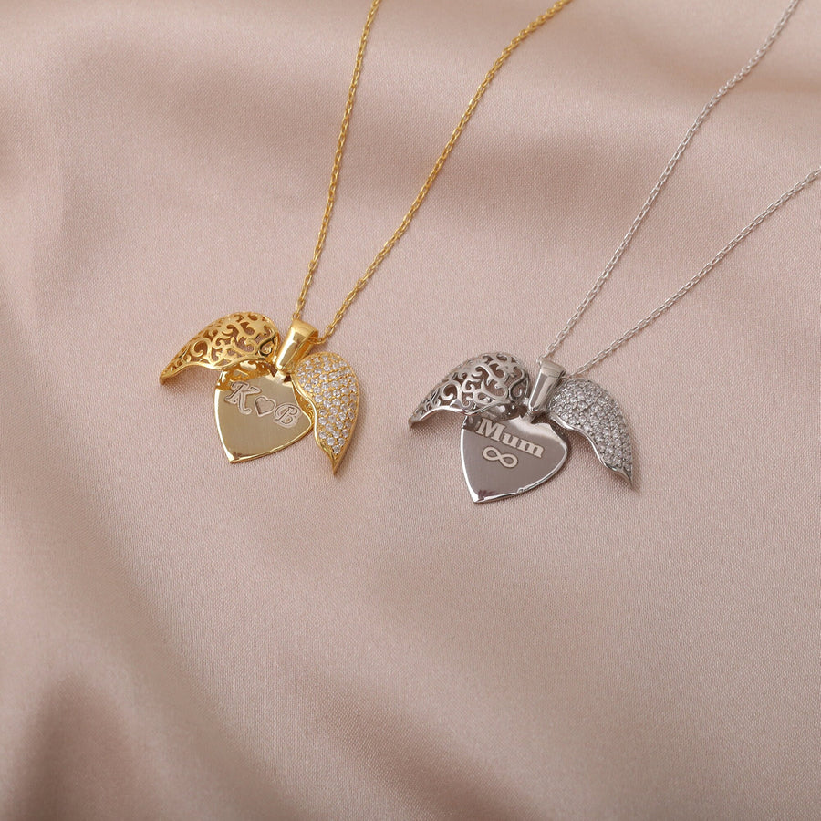 Sterling Silver Openable Winged Stone Heart pop-up necklace, Wings Name Necklace With Opening Wings, Engraved Heart Necklace, Gift For Her