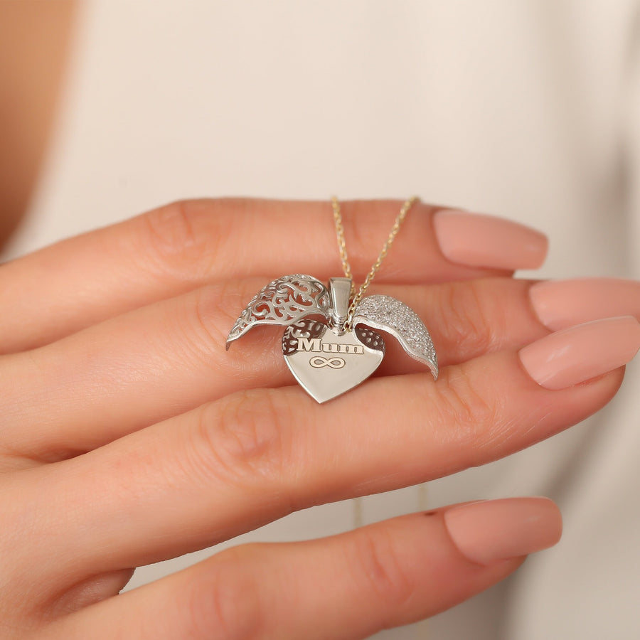 Sterling Silver Openable Winged Stone Heart pop-up necklace, Wings Name Necklace With Opening Wings, Engraved Heart Necklace, Gift For Her