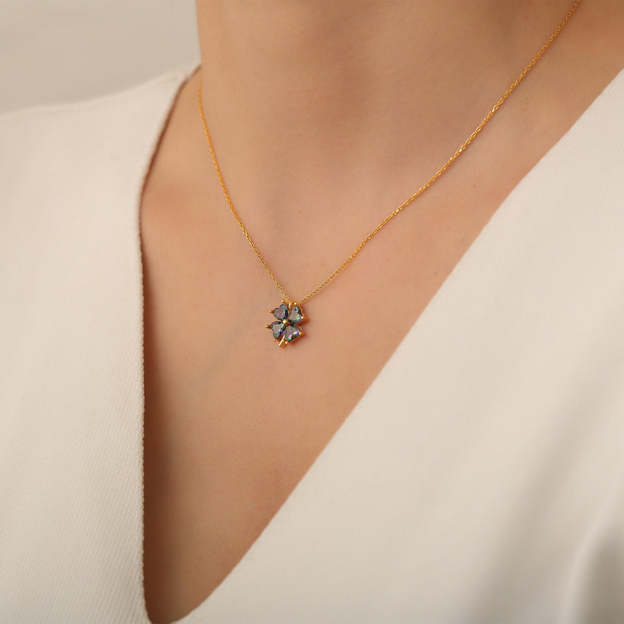 Sterling Silver Four Leaf Clover birthstone Necklace, Personalized Family Birthstone Necklace, Handmade jewelry, Lucky Charm Gemstone