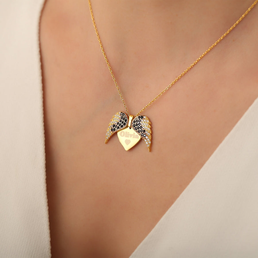925 Sterling Silver Customized Angel Wings Necklace, Openable Angel Wings Necklace, Custom Guardian Wings Necklace, Engraved Hidden Name