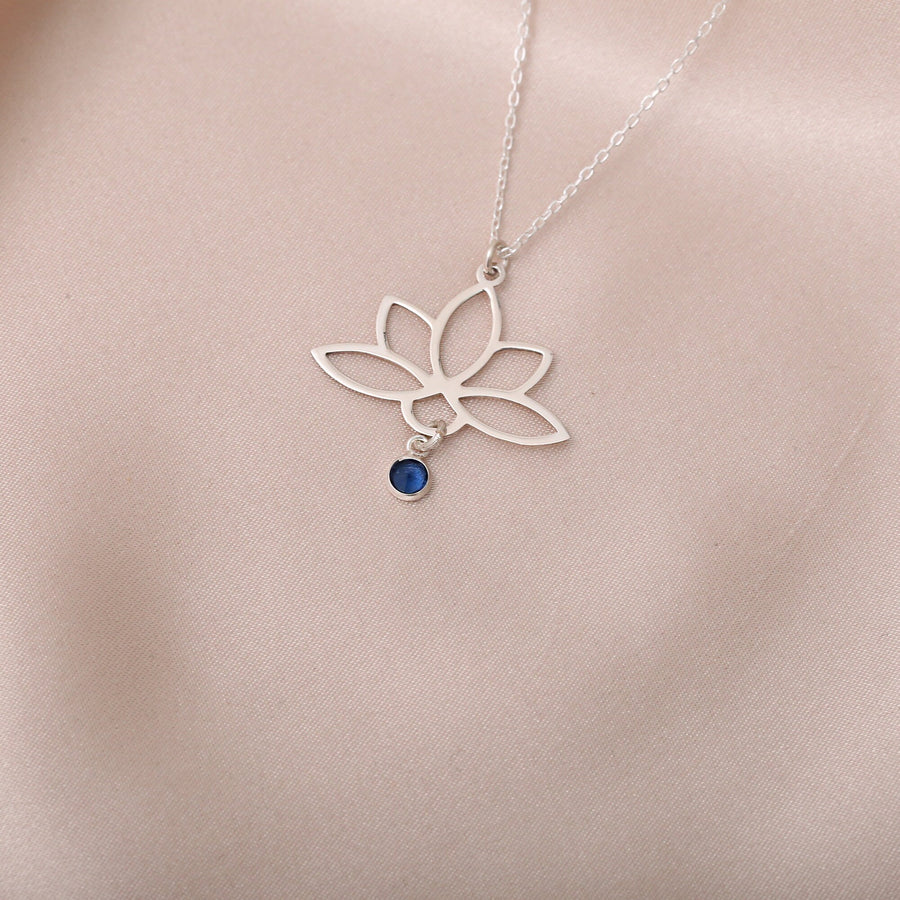 Sterling Silver Personalized Lotus Necklace, Lotus Flower Necklace with Birthstone, Lotus Flower Pendant, Necklaces For Women gift for her