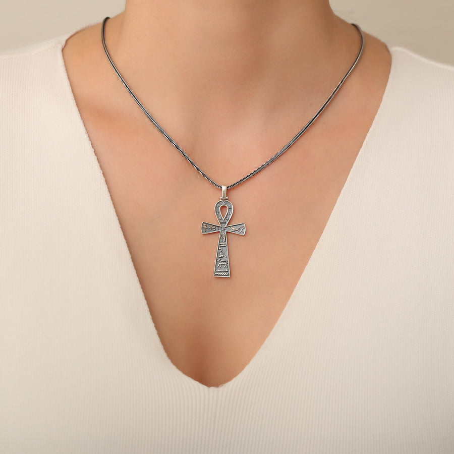 Sterling Silver large Egyptian Ankh Hieroglyphic Pendant Necklace Ancient Egyptian Jewelry, Mythological cross Pendant, Gift For Him