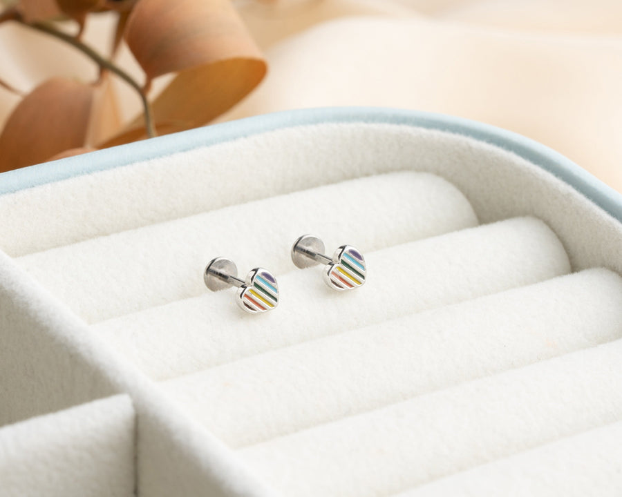 Titanium rainbow heart stud earrings in gold and silver, mini rainbow heart push in studs, flatback colorful stud earrings pride earrings,