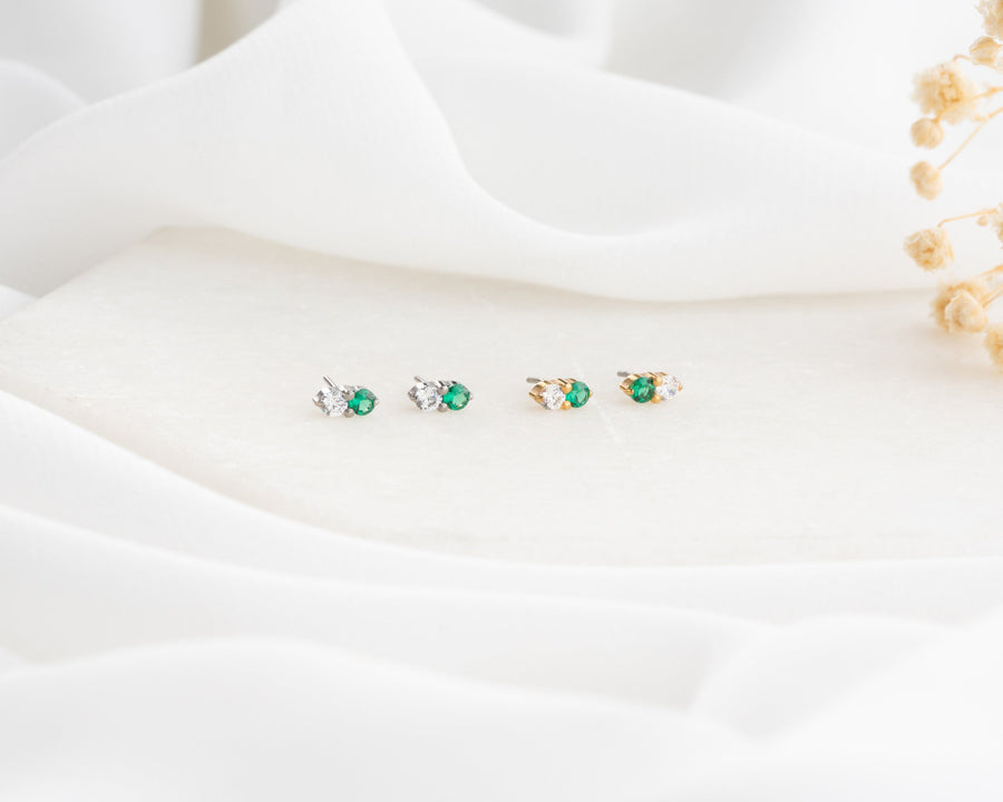 20G/18G/16G Emerald+CZ double stone Push in flat back Labret Stud, Tiny Two Stone Tragus Stud • Nap earring • Helix Cartilage Stud piercing