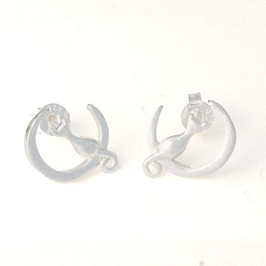 Cat on the Moon Silver Stud Earrings - Dainty Silver Stud Friction Push Back, Small Stud Earrings, minimalist earring, Cat sitting on moon