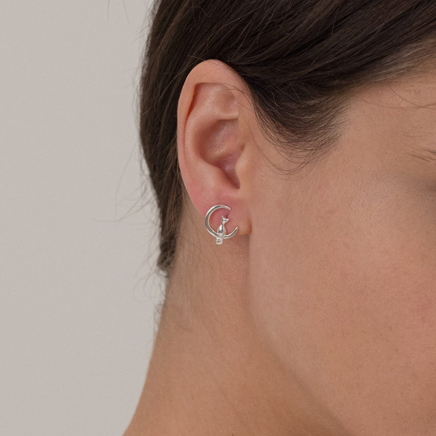Cat on the Moon Silver Stud Earrings - Dainty Silver Stud Friction Push Back, Small Stud Earrings, minimalist earring, Cat sitting on moon
