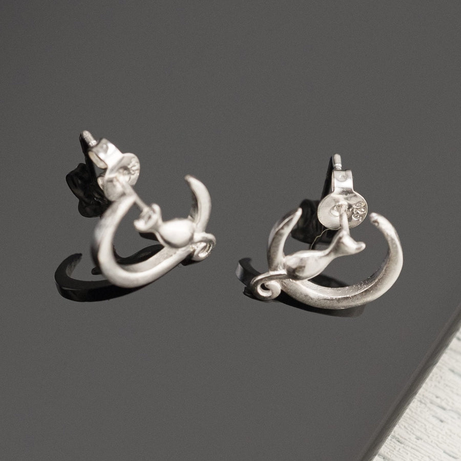Cat on the Moon Silver Stud Earrings - Dainty Silver Stud Friction Push Back, Small Stud Earrings, minimalist earring, Cat sitting on moon