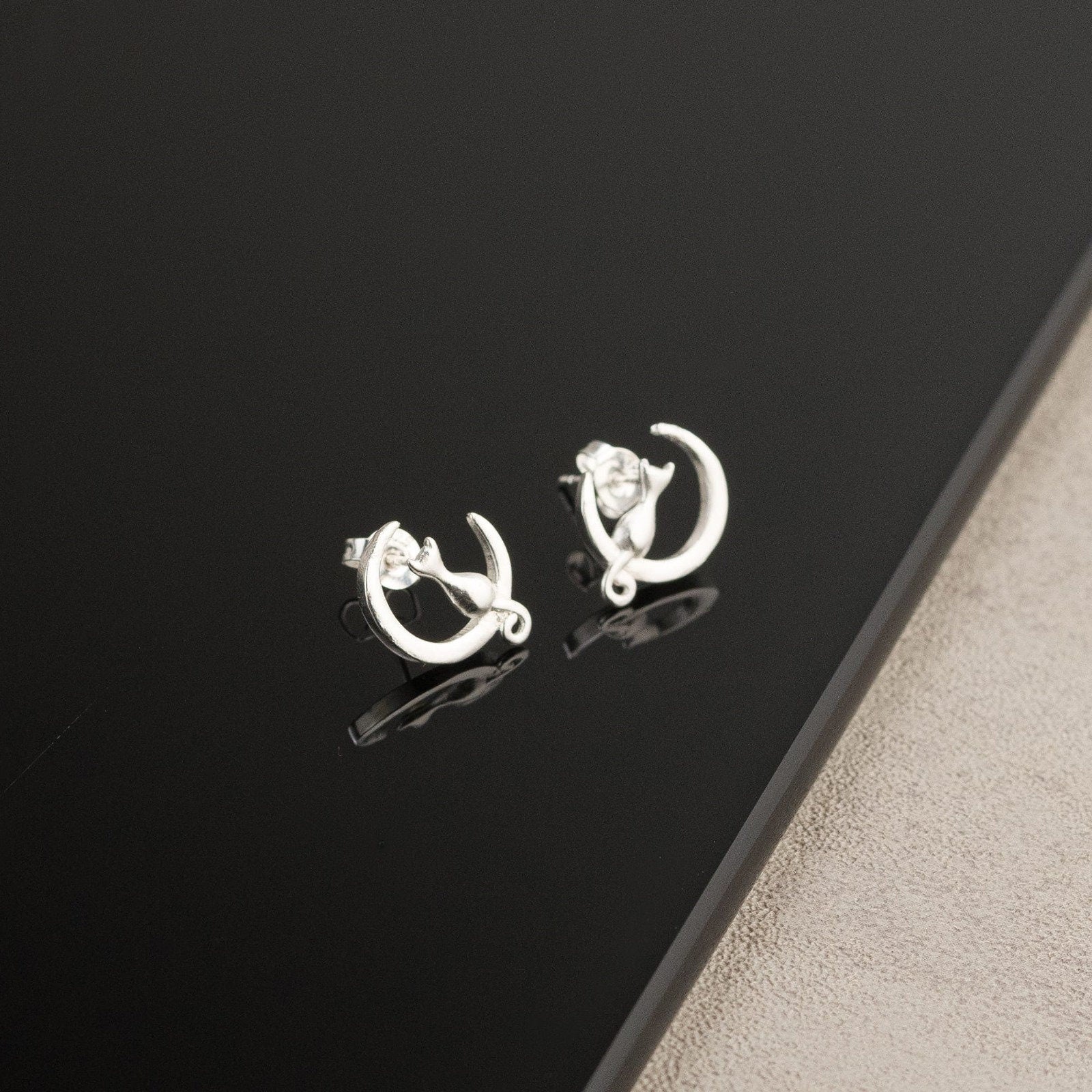 Cat on the Moon Silver Stud Earrings - Dainty Silver Stud Friction Push Back, Small Stud Earrings, minimalist earring, Cat sitting on moon