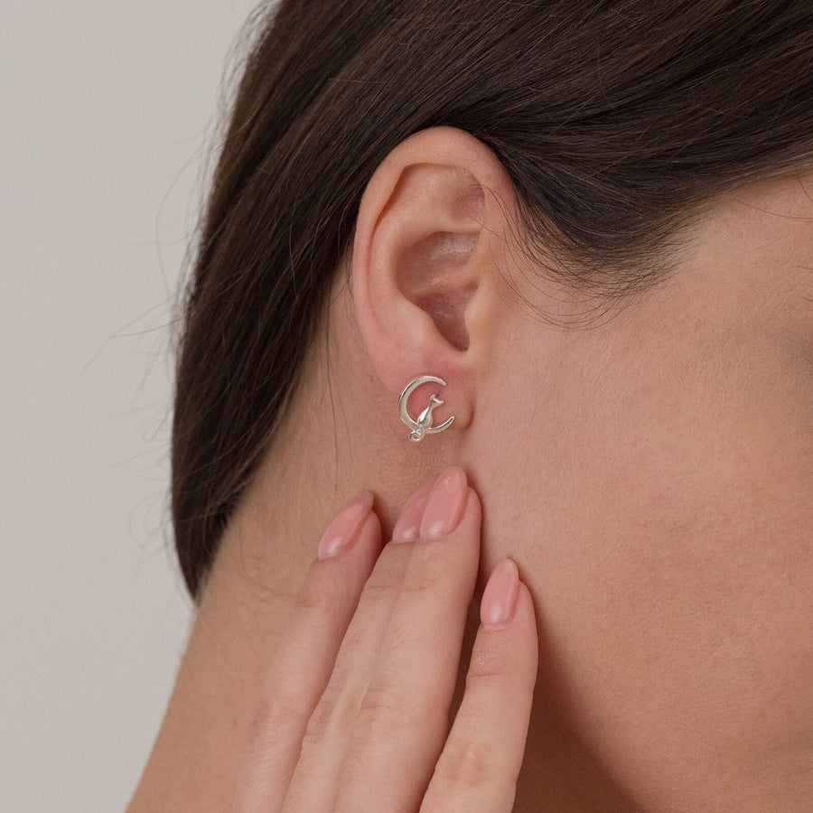 Cat on the Moon Silver Stud Earrings - Dainty Silver Stud Friction Push Back, Small Stud Earrings, minimalist earring, Cat sitting on moon